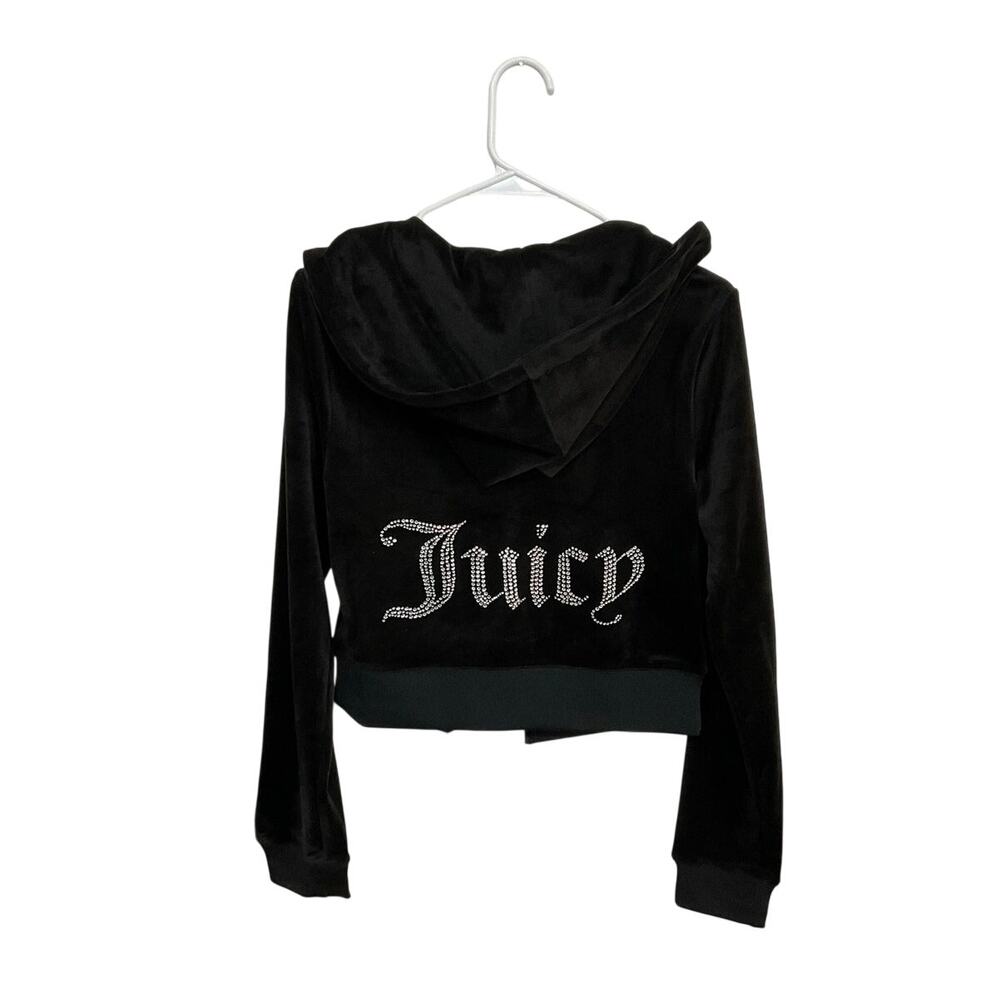 NWT Y2K Style Juicy Couture Black Velour Rhinestone Crop Hoodie Medium Front Zip